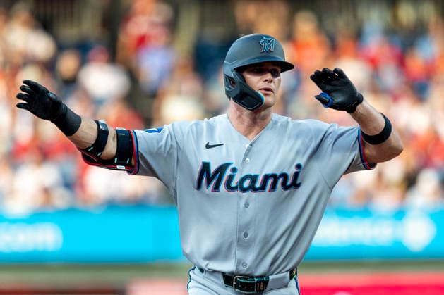 Miami Marlins Griffin Conine gestures while running the bases after hitting a home run in the second inning of a baseball game against the Philadelphia Phillies, Tuesday, Aug. 18, 2026, in Philadelphia, Pennsylvania.  PHI20260818006 LaurencexKesterson
