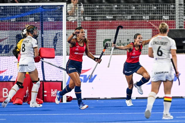 Hockey World Cup Belgium & The Netherlands 2026 - Women - Spain vs Belgium Spain celebrate after scoring a goal pictured during a hockey game between Spain and Belgium ( called the Red Panthers ) , the second (out of three) matches during the group stage of the women 2026 Hockey World Cup , on Tuesday 18 August 2026 in Wavre , Belgium . PHOTO SPORTPIX Stijn Audooren Wavre Belfius Hockey Arena Waals-Brabant Belgium  Copyright: xSportpix.bex xStijnxAudoorenxStijnxAudoorenx