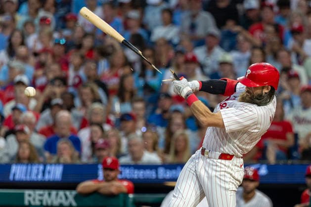 Philadelphia Phillies Brandon Marsh breaks his bat on a swing in the fourth inning of a baseball game against the Miami Marlins, Tuesday, Aug. 18, 2026, in Philadelphia, Pennsylvania.  PHI20260818008 LaurencexKesterson