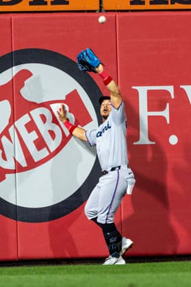 Miami Marlins left fielder Heriberto Hernández catches a fly from Philadelphia Phillies Bryce Harper during the sixth inning of a baseball gam, Tuesday, Aug. 18, 2026, in Philadelphia, Pennsylvania.  PHI20260818014 LaurencexKesterson