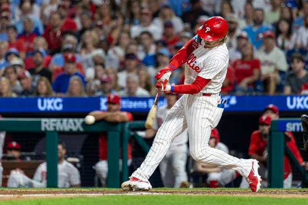 Philadelphia Phillies Bryson Stott hits a two run RBI during the sixth inning of a baseball game against the Miami Marlins, Tuesday, Aug. 18, 2026, in Philadelphia, Pennsylvania.  PHI20260818015 LaurencexKesterson