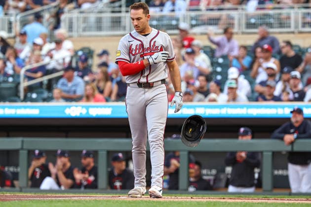 August 18th, 2026: Atlanta Braves first baseman Matt Olson (28) throws his helmet after striking out in the first inning during a MLB, Baseball Herren, USA Baseball game between the Atlanta Braves and the Minnesota Twins at Target Field in Minneapolis, Minnesota. CSM Minneapolis USA - ZUMAc04_ 20260818_zma_c04_001 Copyright: xStevenxGarciax
