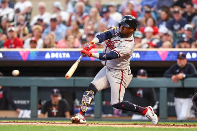 August 18th, 2026: Atlanta Braves second baseman Ozzie Albies (1) hits for a single in the sixth inning during a MLB, Baseball Herren, USA Baseball game between the Atlanta Braves and the Minnesota Twins at Target Field in Minneapolis, Minnesota. CSM MLB 2026: Braves Vs Twins AUG 18  - ZUMAc04_ 20260818_zma_c04_005 Copyright: xStevenxGarciax