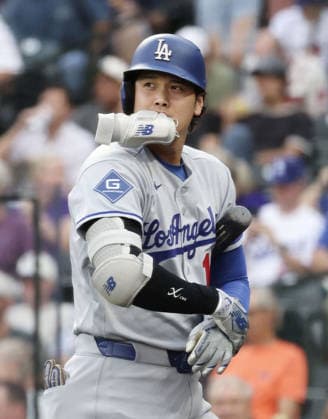 Baseball: Dodgers vs. Rockies Los Angeles Dodgers designated hitter Shohei Ohtani is pictured after striking out swinging in the first inning of a baseball game against the Colorado Rockies at Coors Field in Denver, Colorado, on Aug. 18, 2026.  A14AA0005626206P