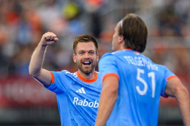 AMSTELVEEN, 18-08-2026, Wagener Stadion, FIH Hockey World Cup 2026 Men, 2026. Thierry Brinkman and Duco Telgenkamp celebrating the goal scored during the game Argentina - Netherlands (men). Argentina - Netherlands (men)  x205844166x Copyright: