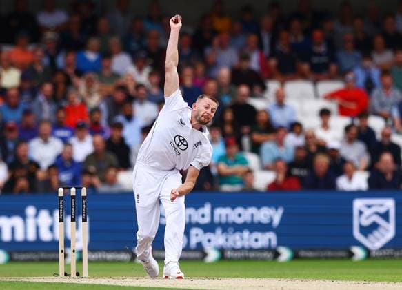 Gus Atkinson of England bowling England v Pakistan, First Test, Day One, Rothesay Test Match Series, Cricket, Headingley, Leeds, UK - 19 Aug 2026Leeds Headingley United Kingdom EDITORIAL USE ONLY No use with unauthorised audio, video, data, fixture lists, club league logos or live services. Online in-match use limited to 120 images, no video emulation. No use in betting, games or single club league player publications.  Copyright: xMattxWest Shutterstockx 17105656p