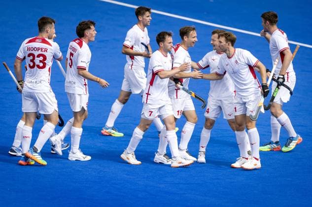 AMSTELVEEN - Team England celebrates the 3-0 during the group stage match at the Hockey World Cup between England and Wales at the Wagener Stadium. KOEN VAN WEEL ANP xVIxANPxSportx xxANPxIVx 565811790 originalFilename: 565811790.jpg