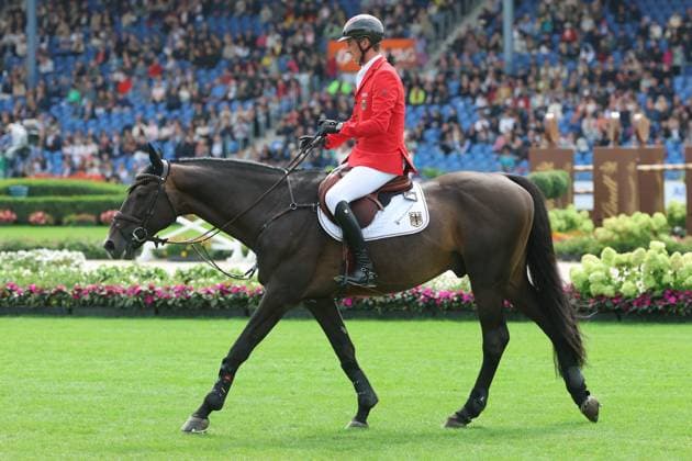 Daniel Deusser (GER, Deutschland, Germany) mit Pferd Otello de Guldenboom, 3 deutscher Teamreiter mit 0 Fehler und guter Zeit, Springen, FEI Jumping World Championship, WM, Weltmeisterschaft , Turkish Airlines-Prize, Einzel und Teamwertung, Jumping , AACHEN - FEI World Championships 2026, Weltfest des Pferdesports, Reitsport Weltmeisterschaft 2026, Aachen 2026, Welcome Home 2026, Aachener Soers, 11. bis 23. August 2026, Reitsport, 19.08.2026, Aachen Aachener Soers Deutschland *** Daniel Deusser GER, Germany, riding Otello de Guldenboom, one of three German team riders with a clear round and a good time, show jumping, FEI Jumping World Championship, Turkish Airlines Prize, individual and team standings, show jumping, AACHEN FEI World Championships 2026, World Equestrian Festival, 2026 World Equestrian Championships, Aachen 2026, Welcome Home 2026, Aachen Soers, August 11–23, 2026, Equestrian Sports, August 19, 2026, Aachen Soers, Germany