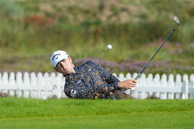 BALMEDIE, SCOTLAND - AUG 19: Joshua Berry (ENG) Warms up on the practice area during Practice at the 2026 Nexo Championship at the Trump International Golf Links, Balmedie on August 19, 2026 in Aberdeenshire, Scotland The 2026 Nexo Championship