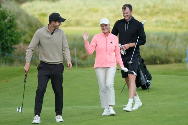 BALMEDIE, SCOTLAND - AUG 19: Judy Murray jokes with her sons Andy and Jamie during the Pro-Am at the 2026 Nexo Championship at the Trump International Golf Links, Balmedie on August 19, 2026 in Aberdeenshire, Scotland The 2026 Nexo Championship