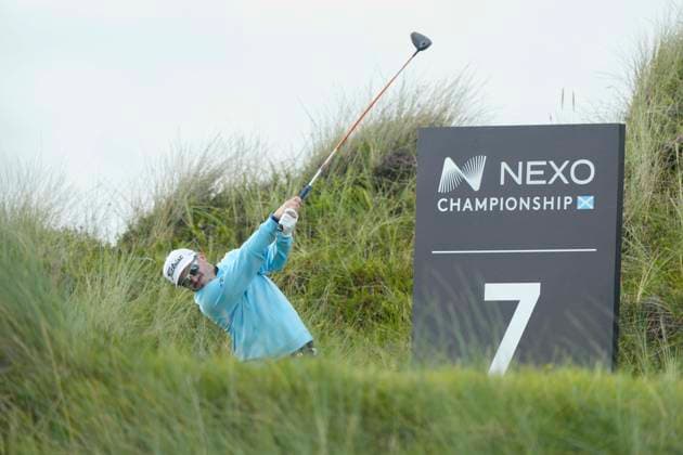 BALMEDIE, SCOTLAND - AUG 19: Ewen Ferguson (SCO) plays from the seventh tee during the Pro-Am at the 2026 Nexo Championship at the Trump International Golf Links, Balmedie on August 19, 2026 in Aberdeenshire, Scotland The 2026 Nexo Championship