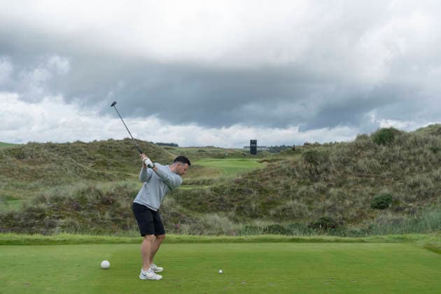 BALMEDIE, SCOTLAND - AUG 19: Scottish Olympic Curler, Hammie McMillan Jr plays from the seventh tee during Practice at the 2026 Nexo Championship at the Trump International Golf Links, Balmedie on August 19, 2026 in Aberdeenshire, Scotland The 2026 Nexo Championship