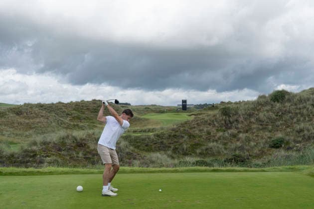 BALMEDIE, SCOTLAND - AUG 19: Scottish Olympic Curler, Ryan Hardie plays from the seventh tee during the Pro-Am at the 2026 Nexo Championship at the Trump International Golf Links, Balmedie on August 19, 2026 in Aberdeenshire, Scotland The 2026 Nexo Championship