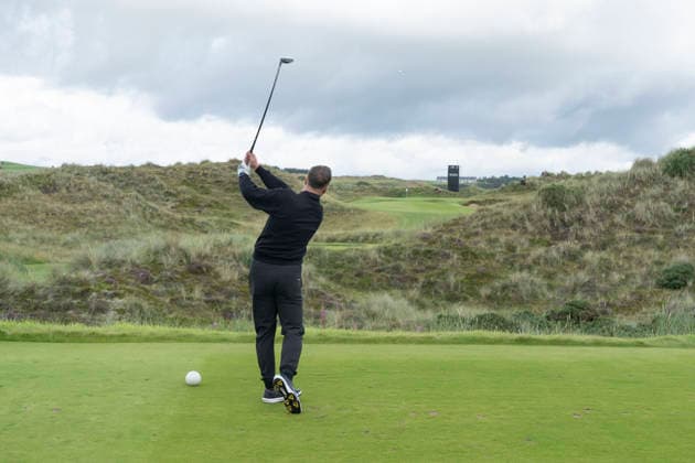 BALMEDIE, SCOTLAND - AUG 19: Scottish Olympic Curler, Ryan Strachan plays from the seventh tee during the Pro-Am at the 2026 Nexo Championship at the Trump International Golf Links, Balmedie on August 19, 2026 in Aberdeenshire, Scotland The 2026 Nexo Championship