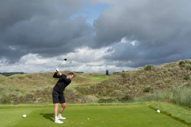 BALMEDIE, SCOTLAND - AUG 19: Jamie Murray, former tennis player, plays from the seventh tee during the Pro-Am at the 2026 Nexo Championship at the Trump International Golf Links, Balmedie on August 19, 2026 in Aberdeenshire, Scotland The 2026 Nexo Championship