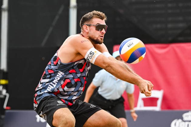 MONTREAL, QC - AUGUST 19: Benedikt Sagstetter (GER) bumps the ball during a qualification match at Beach Pro Tour Montreal Elite 16 on August 19, 2026 at Parc Jean-Drapeau in Montreal, QC (Photo by David Kirouac Icon Sportswire) VOLLEYBALL: AUG 19 Beach Pro Tour Montreal Elite 16 EDITORIAL USE ONLY Icon26081900126
