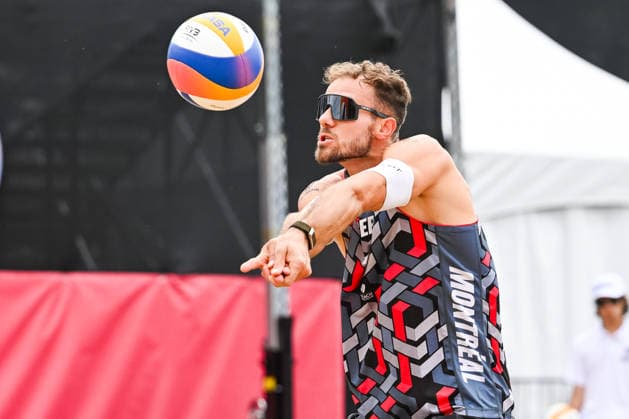 MONTREAL, QC - AUGUST 19: Benedikt Sagstetter (GER) bumps the ball during a qualification match at Beach Pro Tour Montreal Elite 16 on August 19, 2026 at Parc Jean-Drapeau in Montreal, QC (Photo by David Kirouac Icon Sportswire) VOLLEYBALL: AUG 19 Beach Pro Tour Montreal Elite 16 EDITORIAL USE ONLY Icon26081900326