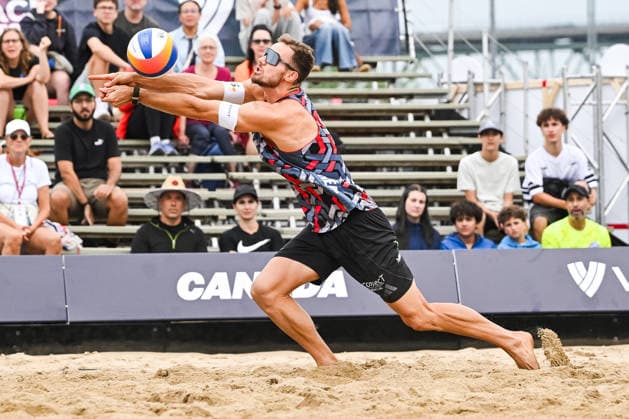 MONTREAL, QC - AUGUST 19: Benedikt Sagstetter (GER) bumps the ball during a qualification match at Beach Pro Tour Montreal Elite 16 on August 19, 2026 at Parc Jean-Drapeau in Montreal, QC (Photo by David Kirouac Icon Sportswire) VOLLEYBALL: AUG 19 Beach Pro Tour Montreal Elite 16 EDITORIAL USE ONLY Icon26081900426