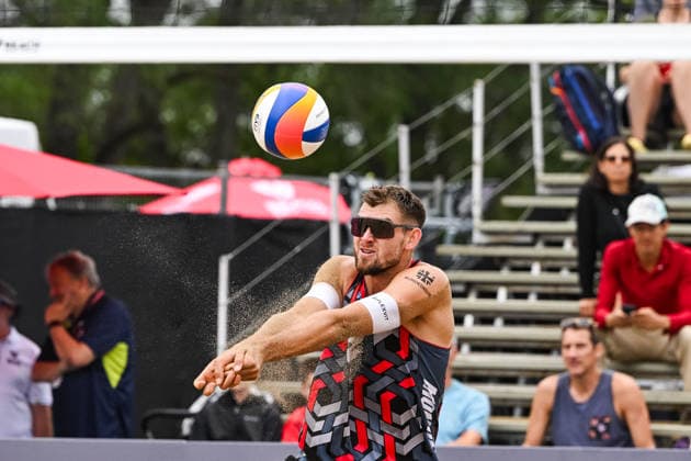 MONTREAL, QC - AUGUST 19: Benedikt Sagstetter (GER) bumps the ball during a qualification match at Beach Pro Tour Montreal Elite 16 on August 19, 2026 at Parc Jean-Drapeau in Montreal, QC (Photo by David Kirouac Icon Sportswire) VOLLEYBALL: AUG 19 Beach Pro Tour Montreal Elite 16 EDITORIAL USE ONLY Icon26081900626