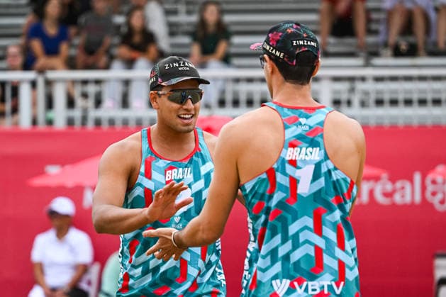 MONTREAL, QC - AUGUST 19: Renato Andrew Lima de Carvalho (BRA) celebrates a point with Andre Loyola Stein (BRA) during a qualification match at Beach Pro Tour Montreal Elite 16 on August 19, 2026 at Parc Jean-Drapeau in Montreal, QC (Photo by David Kirouac Icon Sportswire) VOLLEYBALL: AUG 19 Beach Pro Tour Montreal Elite 16 EDITORIAL USE ONLY Icon26081900926