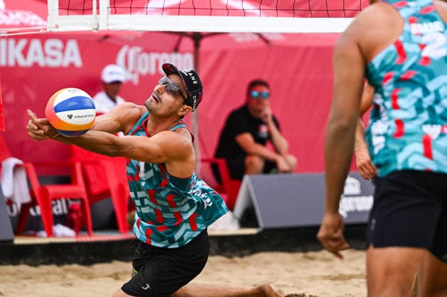 MONTREAL, QC - AUGUST 19: Andre Loyola Stein (BRA) bumps the ball during a qualification match at Beach Pro Tour Montreal Elite 16 on August 19, 2026 at Parc Jean-Drapeau in Montreal, QC (Photo by David Kirouac Icon Sportswire) VOLLEYBALL: AUG 19 Beach Pro Tour Montreal Elite 16 EDITORIAL USE ONLY Icon26081901426