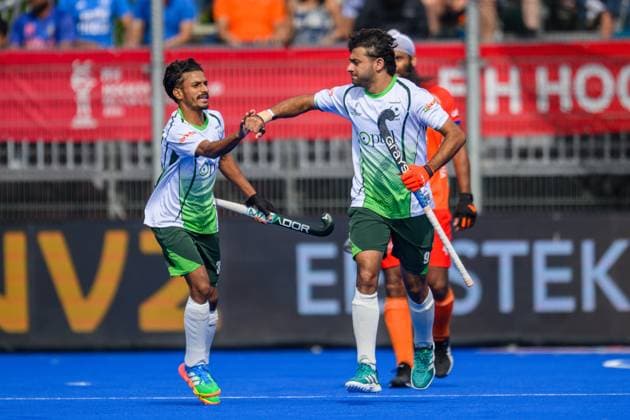 AMSTELVEEN, 19-08-2026, Wagener Stadion, FIH Hockey World Cup 2026 Men, 2026. Muhammad Ammad and Abdul Hannan Shahid celebrating the goal scored during the game Pakistan - India (men). Pakistan - India (men)  x205849665x Copyright: