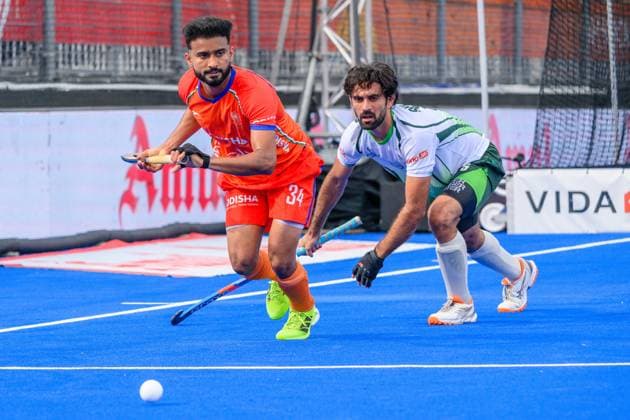 AMSTELVEEN, 19-08-2026, Wagener Stadion, FIH Hockey World Cup 2026 Men, 2026. Sukhjeet Singh and Sufyan Khan during the game Pakistan - India (men). Pakistan - India (men)  x205849666x Copyright: