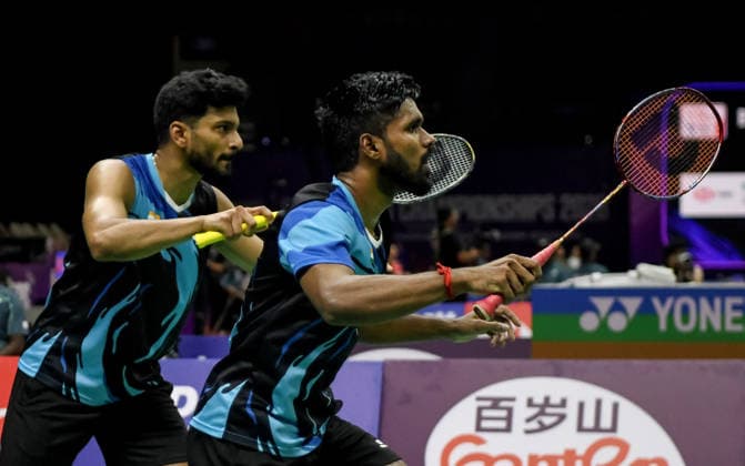 BWF World Championship, WM, Weltmeisterschaft 2026, India vs Korea, men™s doubles New Delhi, Aug 19 (ANI): India s M R Arjun and Hariharan Amsakarunan in action during the men™s doubles Round of 32 match against South Korea s Kang Min-hyuk and Ki Dong-ju at the BWF World Championship 2026 at Indira Gandhi Indoor Stadium, in New Delhi on Wednesday. NEW DELHI Delhi India Copyright: xANIx ANI_20260819271