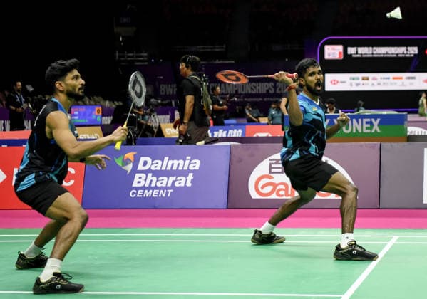 BWF World Championship, WM, Weltmeisterschaft 2026, India vs Korea, men™s doubles New Delhi, Aug 19 (ANI): India s M R Arjun and Hariharan Amsakarunan in action during the men™s doubles Round of 32 match against South Korea s Kang Min-hyuk and Ki Dong-ju at the BWF World Championship 2026 at Indira Gandhi Indoor Stadium, in New Delhi on Wednesday. NEW DELHI Delhi India Copyright: xANIx ANI_20260819279