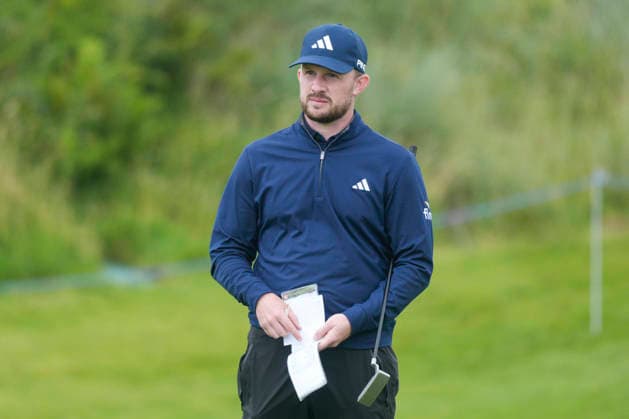 BALMEDIE, SCOTLAND - AUG 19: Connor Syme (SCO) checks his yardage book on the 9th green during the Pro-Am at the 2026 Nexo Championship at the Trump International Golf Links, Balmedie on August 19, 2026 in Aberdeenshire, Scotland The 2026 Nexo Championship