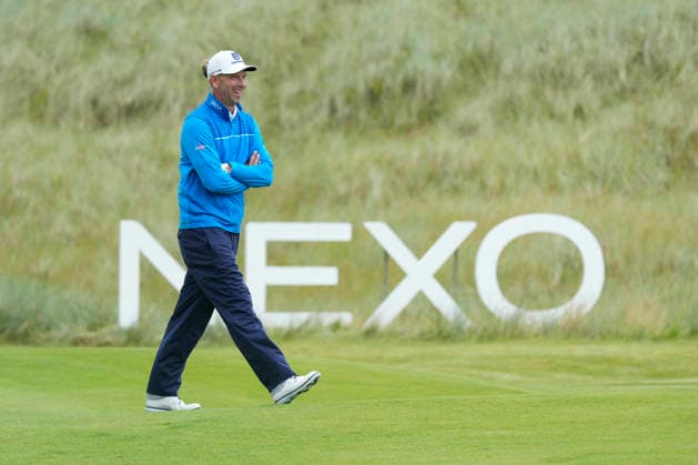 BALMEDIE, SCOTLAND - AUG 19: Marcel Siem (GER) walks down the eighteenth fairway during the Pro-Am at the 2026 Nexo Championship at the Trump International Golf Links, Balmedie on August 19, 2026 in Aberdeenshire, Scotland The 2026 Nexo Championship