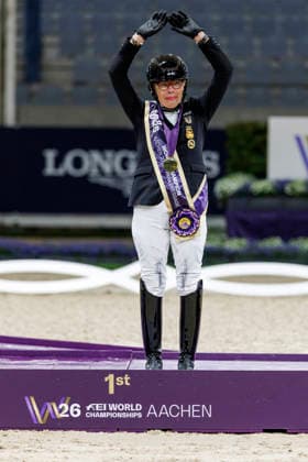 AACHEN - FEI World Championships 2026, AACHEN - FEI World Championships 2026 DRESING Heidemarie (GER), Poesie 143 Medal ceremony Medaillenvergabe FEI Para Dressage World Championship, WM, Weltmeisterschaft Grade II Para Grand Prix A Individual Final & First Individual Qualifier for the Grand Prix Freestyle Aachen, Reitstadion Soers 19. August 2026 - *** AACHEN FEI World Championships 2026, AACHEN FEI World Championships 2026 DRESING Heidemarie GER, Poesie 143 Medal Ceremony FEI Para Dressage World Championship Grade II Para Grand Prix A Individual Final First Individual Qualifier for the Grand Prix Freestyle Aachen, Reitstadion Soers, August 19, 2026