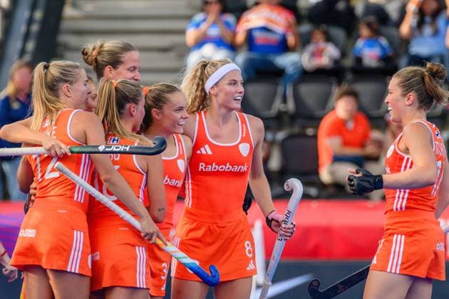 AMSTELVEEN, 19-08-2026, Wagener Stadion, FIH Hockey World Cup 2026 Women, 2026. Luna Fokke, Felice Albers, Eline Jansen, Yibbi Jansen and Marleen Jochems celebrating the goal scored during the game Netherlands - Japan (women). Netherlands - Japan (women)  x205850853x Copyright: