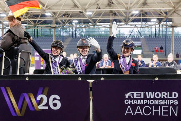 AACHEN - FEI World Championships 2026, AACHEN - FEI World Championships 2026 DRESING Heidemarie (GER), KRISTENSEN Katrine (DEN), GREEN Jemima (GBR) Medal ceremony Medaillenvergabe FEI Para Dressage World Championship, WM, Weltmeisterschaft Grade II Para Grand Prix A Individual Final & First Individual Qualifier for the Grand Prix Freestyle Aachen, Reitstadion Soers 19. August 2026 - *** AACHEN FEI World Championships 2026, AACHEN FEI World Championships 2026 DRESING Heidemarie GER, KRISTENSEN Katrine DEN, GREEN Jemima GBR Medal ceremony FEI Para Dressage World Championship Grade II Para Grand Prix A Individual Final First Individual Qualifier for the Grand Prix Freestyle Aachen, Reitstadion Soers August 19, 2026