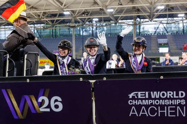 AACHEN - FEI World Championships 2026, AACHEN - FEI World Championships 2026 DRESING Heidemarie (GER), KRISTENSEN Katrine (DEN), GREEN Jemima (GBR) Medal ceremony Medaillenvergabe FEI Para Dressage World Championship, WM, Weltmeisterschaft Grade II Para Grand Prix A Individual Final & First Individual Qualifier for the Grand Prix Freestyle Aachen, Reitstadion Soers 19. August 2026 - *** AACHEN FEI World Championships 2026, AACHEN FEI World Championships 2026 DRESING Heidemarie GER, KRISTENSEN Katrine DEN, GREEN Jemima GBR Medal ceremony FEI Para Dressage World Championship Grade II Para Grand Prix A Individual Final First Individual Qualifier for the Grand Prix Freestyle Aachen, Reitstadion Soers August 19, 2026