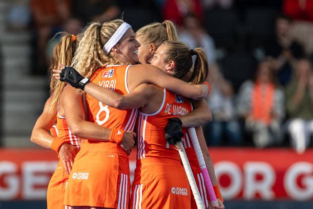 Netherlands Women v Japan Women - FIH Hockey World Cup AMSTELVEEN, NETHERLANDS - AUGUST 19: Netherlands celebrates after scoring 1-0 celebrates after scoring 1-0 during the FIH Hockey World Cup match between Netherlands Women and Japan Women at Wagener Stadion on August 19, 2026 in Amstelveen, Netherlands. Amstelveen Wagener Stadion Netherlands Content not available for redistribution in The Netherlands directly or indirectly through any third parties. Copyright: xMarcelxvanxPlateringenx