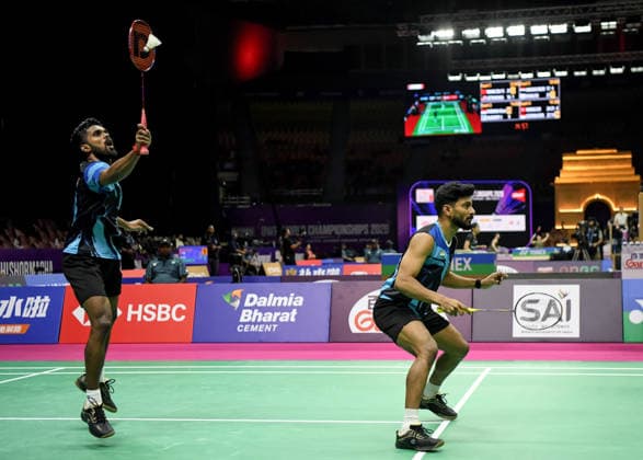 BWF World Championship, WM, Weltmeisterschaft 2026, India vs Korea, men™s doubles New Delhi, Aug 19 (ANI): India s M R Arjun and Hariharan Amsakarunan in action during the men™s doubles Round of 32 match against South Korea s Kang Min-hyuk and Ki Dong-ju at the BWF World Championship 2026 at Indira Gandhi Indoor Stadium, in New Delhi on Wednesday. NEW DELHI Delhi India Copyright: xANIx ANI_20260819278