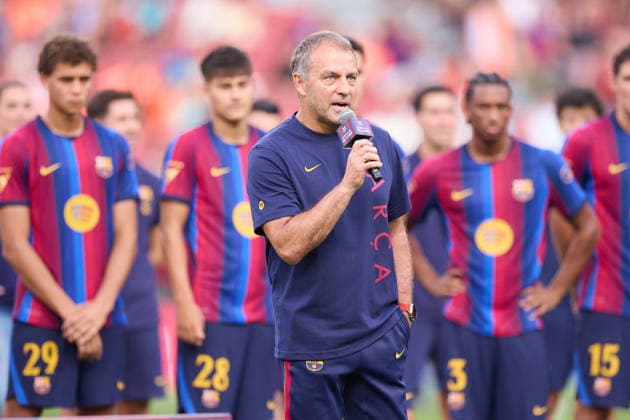 FC Barcelona, Barca v Al Ahly SC - Joan Gamper Trophy Hansi Flick head coach of FC Barcelona speaks to the supporters prior to the Joan Gamper Trophy match between FC Barcelona and Al Ahly at Spotify Camp Nou on August 19, 2026, in Barcelona, Spain. Barcelona Spotify Camp Nou Catalunya Spain 0022_RL_FCBvALH_JG__L1_7053 Copyright: xRicardoxLarreinax