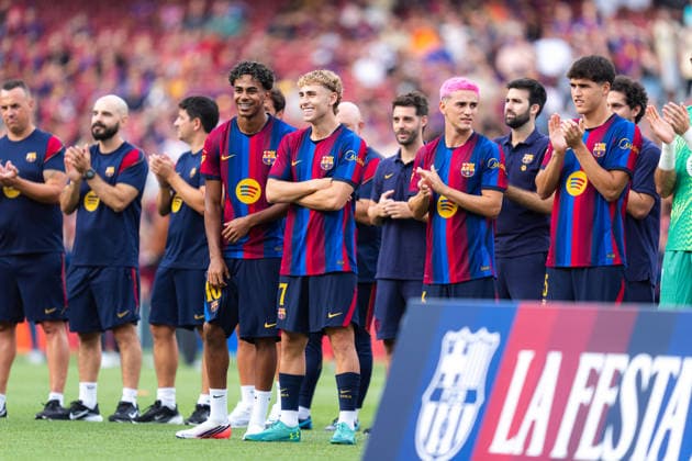 Joan Gamper Trophy between FC Barcelona, Barca and Al-Ahly in Barcelona, Spain. FC Barcelona players (10) Lamine Yamal and (7) Fermin Lopez reacts during the presentation of the team before Joan Gamper trophy match between FC Barcelona and Al-Ahly in Spotify Camp Nou, Barcelona, Spain, on August 19, 2026. Barcelona Spotify Camp Nou Barcelona Spain