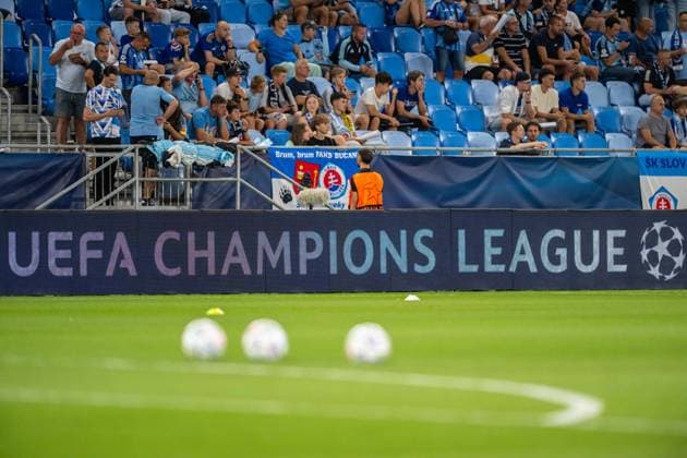 Official Uefa Champions league branding during Champions League qualifying playoff match, SK Slovan Bratislava - NK Celje , 19. august 2026, Tehelne pole Stadium, Bratislava, Slovakia Copyright: xMICHALxFAJT,ZOSPORTU.SKx MAR_7460