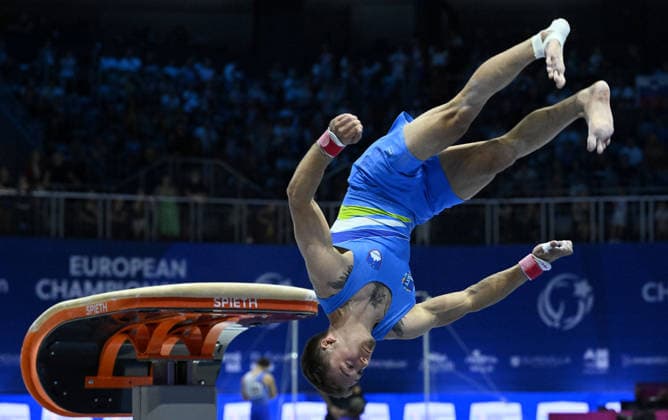 37th European Championships and 15th European Junior Championships in MenÂ s Artistic Gymnastics Kevin George Buckley of Slovenia competes on the vault during qualification on day 1 of the 2026 Men s Artistic Gymnastics European Championships at Arena Zagreb on August 19, 2026 in Zagreb, Croatia.  MarkoxLukunic PIXSELL