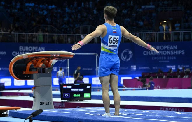 37th European Championships and 15th European Junior Championships in MenÂ s Artistic Gymnastics Kevin George Buckley of Slovenia competes on the vault during qualification on day 1 of the 2026 Men s Artistic Gymnastics European Championships at Arena Zagreb on August 19, 2026 in Zagreb, Croatia.  MarkoxLukunic PIXSELL
