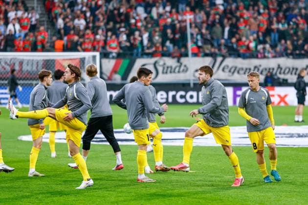 NIJMEGEN , 19-08-2026 , Stadium De Goffert , season 2026 2027 , UEFA Champions League play-offs 1st leg football , match between NEC Nijmegen and Bodo Glimt , picture shows Bodo Glimt players during the warming-up NEC - Bodo Glimt  x205852759x Copyright: