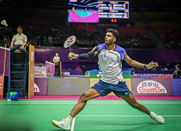 NEW DELHI, INDIA - AUGUST 19: India™s Ayush Shetty returns a shot against Sri Lanka™s Dumindu Abeywickrama during their men™s singles Round of 32 match on day three of the BWF World Championships 2026 at the Indira Gandhi Indoor Stadium on August 19, 2026 in New Delhi, India. (Photo by Sanchit Khanna Hindustan Times) BWF World Championships 2026