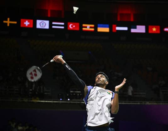 NEW DELHI, INDIA - AUGUST 19: India™s Ayush Shetty returns a shot against Sri Lanka™s Dumindu Abeywickrama during their men™s singles Round of 32 match on day three of the BWF World Championships 2026 at the Indira Gandhi Indoor Stadium on August 19, 2026 in New Delhi, India. (Photo by Sanchit Khanna Hindustan Times) BWF World Championships 2026