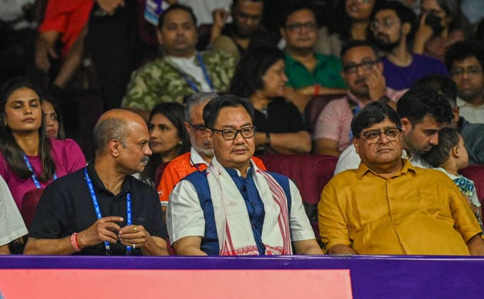 NEW DELHI, INDIA - AUGUST 19: Union Minister Kiren Rijiju watches a match during the BWF World Championships 2026 on August 19, 2026 in New Delhi, India. (Photo by Sanchit Khanna Hindustan Times) BWF World Championships 2026