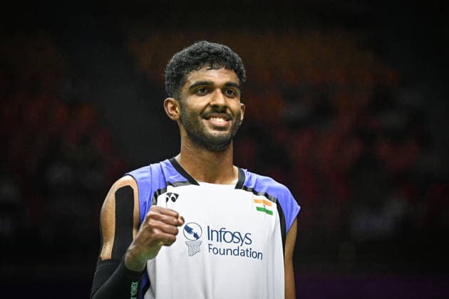 NEW DELHI, INDIA - AUGUST 19: India™s Ayush Shetty returns a shot against Sri Lanka™s Dumindu Abeywickrama during their men™s singles Round of 32 match on day three of the BWF World Championships 2026 at the Indira Gandhi Indoor Stadium on August 19, 2026 in New Delhi, India. (Photo by Sanchit Khanna Hindustan Times) BWF World Championships 2026