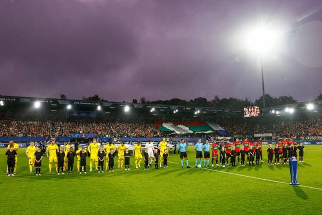 NIJMEGEN , 19-08-2026 , Stadium De Goffert , season 2026 2027 , UEFA Champions League play-offs 1st leg football , match between NEC Nijmegen and Bodo Glimt , picture shows Bodo Glimt players and NEC players NEC - Bodo Glimt  x205853438x Copyright: