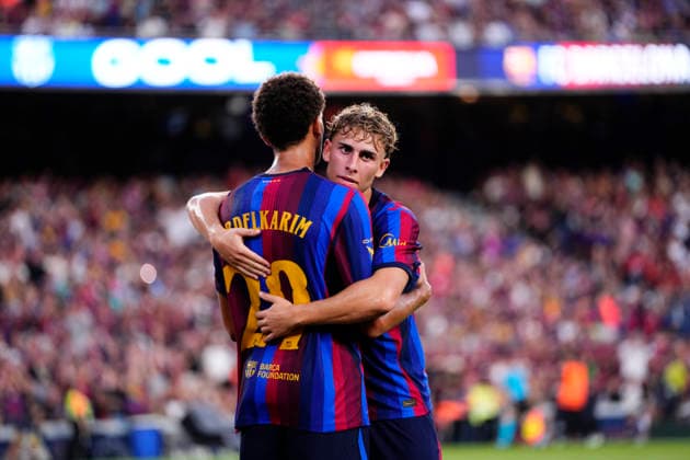 FC Barcelona, Barca v Al Ahly SC - Joan Gamper Trophy Hamza Abdelkarim centre-forwardof Barcelona of Egypt celebrates after scoring his sides first goal during the Joan Gamper Trophy between FC Barcelona and Al Ahly SC at Spotify Camp Nou on August 19, 2026 in Barcelona, Spain. Barcelona Spain  Copyright: xJosexBretonx originalFilename:bretonhernandez-fcbarcel260819_nprp4.jpg