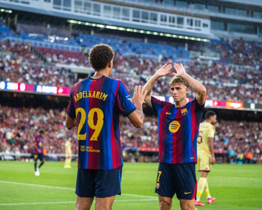 Joan Gamper Trophy between FC Barcelona, Barca and Al-Ahly in Barcelona, Spain. FC Barcelona player (29) Hamza Abdelkarim celebrates his score with (7) Fermin Lopez during Joan Gamper trophy match between FC Barcelona and Al-Ahly in Spotify Camp Nou, Barcelona, Spain, on August 19, 2026. Barcelona Spotify Camp Nou Barcelona Spain